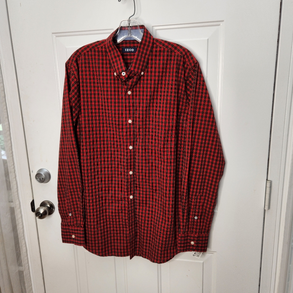 IZOD Red Black‎ Plaid Long Sleeve Shirt - Roll Sleeves Blue  Size Medium